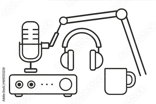 Equipment setup for a podcast recording session featuring a microphone, headphones, speaker, and coffee cup on a white background