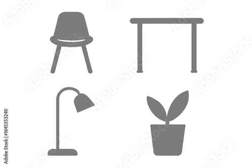 Minimalist furniture design featuring a chair, table, lamp, and plant in gray tones suitable for modern interiors