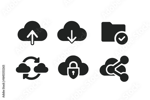Icons representing various cloud computing functions and activities for digital file management