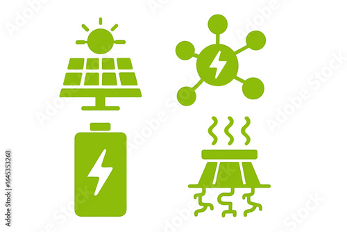 Renewable energy symbols illustrating solar power, energy storage, and geothermal energy concepts in a modern design