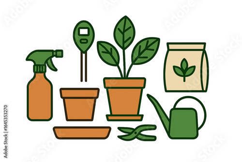 Gardening tools and supplies arranged for a planting session in a home setting