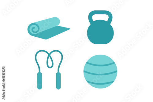 Fitness equipment including a yoga mat, kettlebell, jump rope, and stability ball arranged for a workout session at home