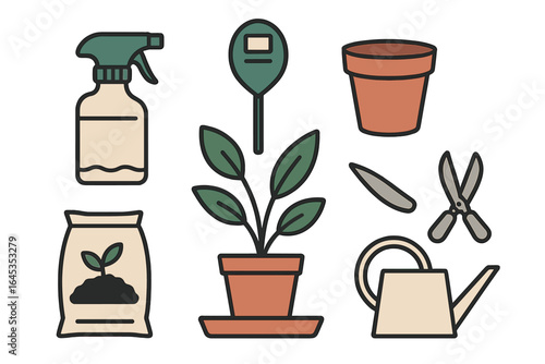 Gardening tools and supplies arranged on a table for plant care and maintenance tasks indoors