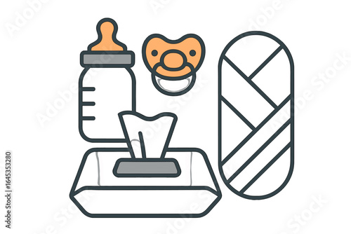 Baby essentials including a bottle, pacifier, wipes, and swaddle blanket on a clean background