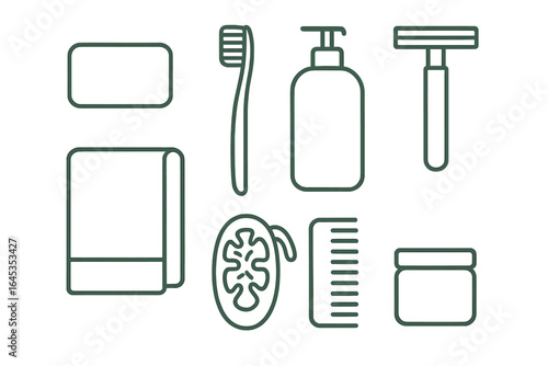Personal care essentials laid out on a white background including toothbrush, soap, and lotion for daily grooming routines