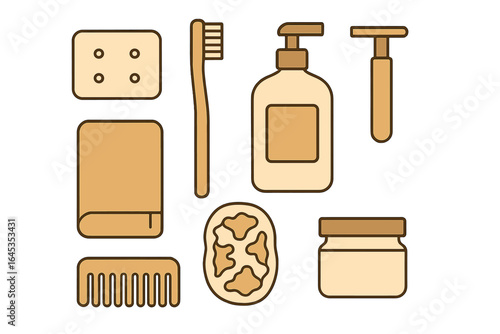 Various personal care items on a light background including toothbrush, soap, and grooming tools