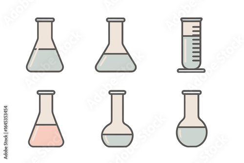 Laboratory glassware including flasks and a graduated cylinder arranged on a white background