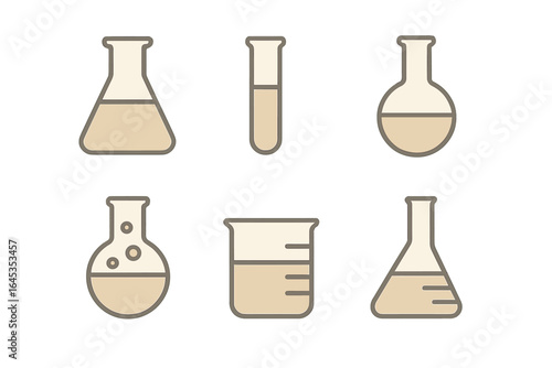 Variety of laboratory glassware including flasks, beakers, and test tubes in neutral colors for chemistry education and experiments
