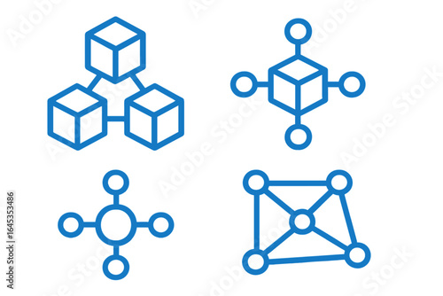 Digital icons representing blockchain technology and data networks in a modern design style