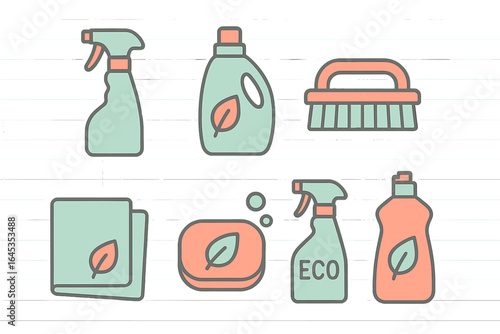 Cleaning supplies with eco-friendly design displayed on a simple background