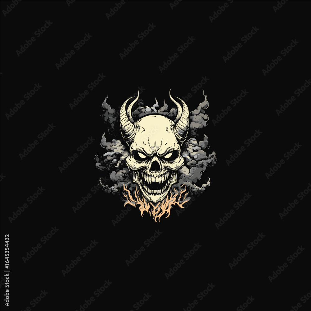 Obraz premium Engraving horned devil skull design vector template illustration