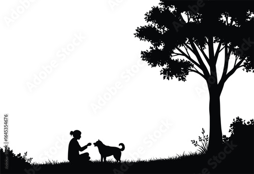 Silhouette of woman training dog under tree, peaceful outdoor nature scene with pet, sitting pose illustration, obedience and bonding concept