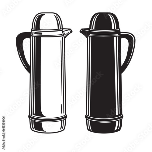 Vintage style illustration of a classic thermos flask in two different graphic variations