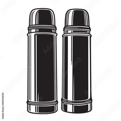 Vintage thermoses illustration featuring two vacuum flasks in black and white isolated on white