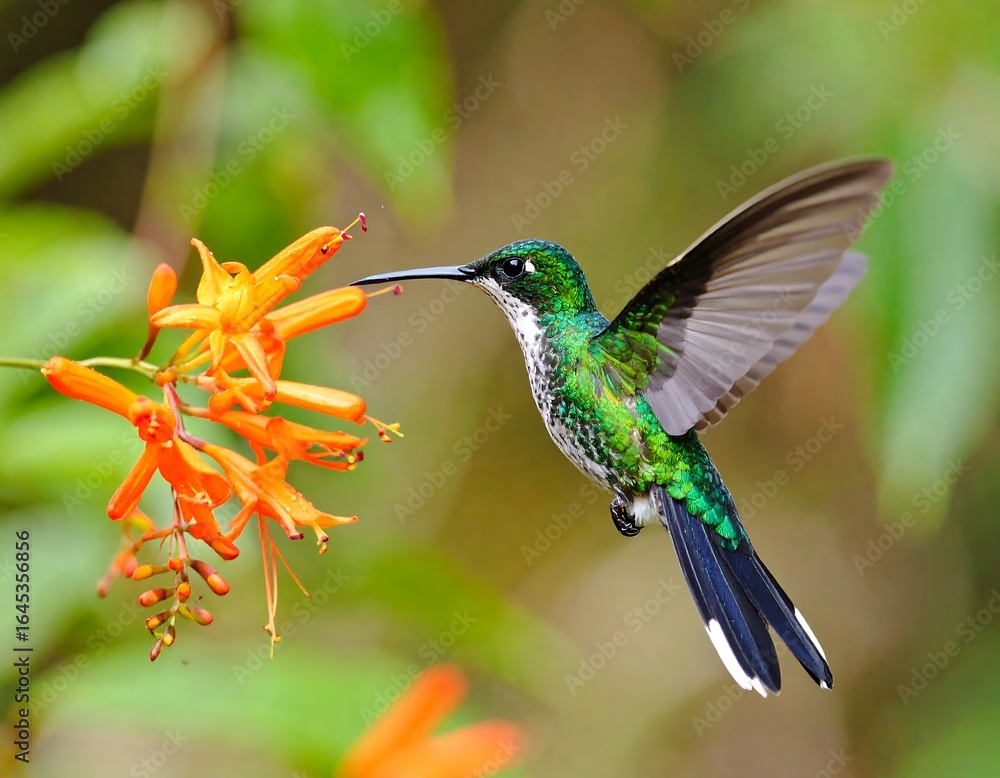 Fototapeta premium Hummingbird in flight near orange flower