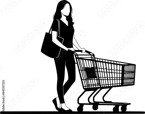 silhouette of a woman pushing a shopping cart, black on white background, full body shot, simple vector illustration