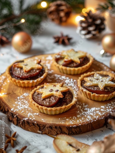 Wallpaper Mural Four mini tartlets are filled with rich duck pt and topped with pickled pear slices, perfect for Christmas. They sit on a wooden platter with soft light highlighting the festive contrast Torontodigital.ca