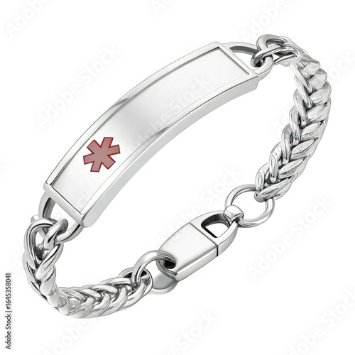 Elegant silver medical alert bracelet with red star of life symbol isolated on transparent background