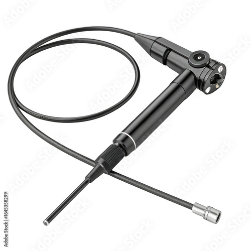 Professional medical endoscope with flexible tube and control handle isolated on transparent background