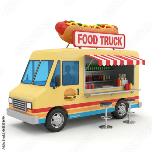 Vibrant 3D Food Truck with Hotdog and Burger Icon Perfect for Street Food and Mobile Cuisine Concepts Vector Illustration