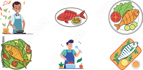 Chef Cooking and Serving Fish Dishes Healthy Seafood Cuisine Concept