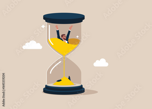 Crisis. Businessman drowned in quicksand hourglass. Time management. Flat vector illustration