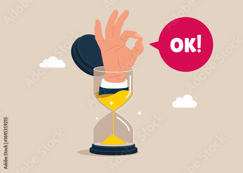 Hand shows the ok from glass sand clock. Analyzing optimization, monitoring, task management, work planning, productivity. Clients are satisfied with the services. Flat vector illustration.