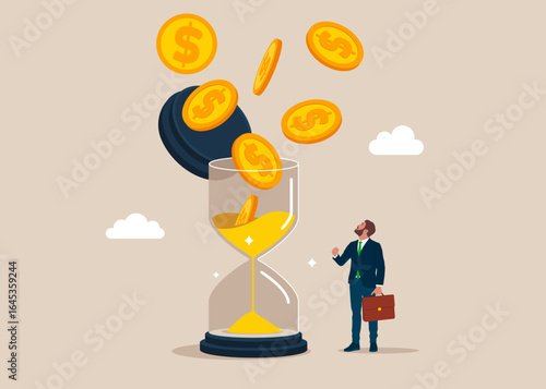Open glass sand clock to see Golden Coins. Value of money increases over time. Savings, Collecting Money in Account, Open Bank Deposit. Analyzing optimization, monitoring, task management. Vector 