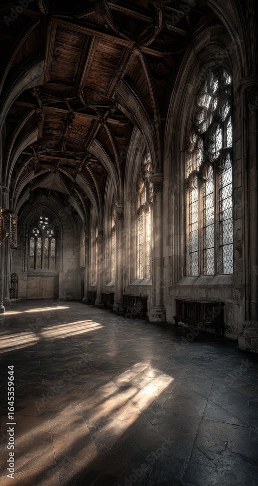 Fototapeta premium Sunlit Gothic hall, stone walls, arched ceiling, stained glass windows casting long shadows on the floor