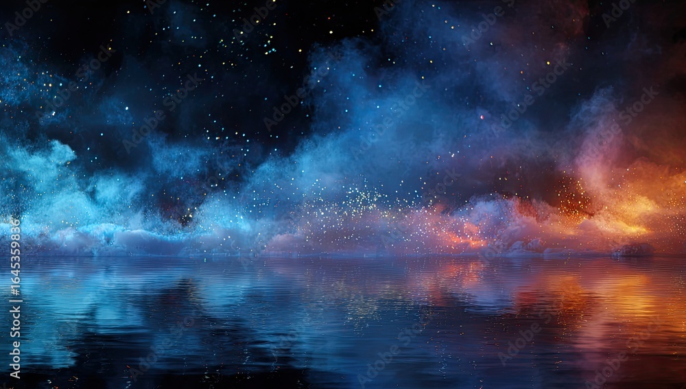 Fototapeta premium Ethereal nightscape with cool blue and warm orange smoke, glittering particles, and a reflective water surface