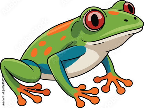 Cartoon red-eyed tree frog – colorful tropical amphibian illustration with orange toes and green body for kids, nature, and wildlife design