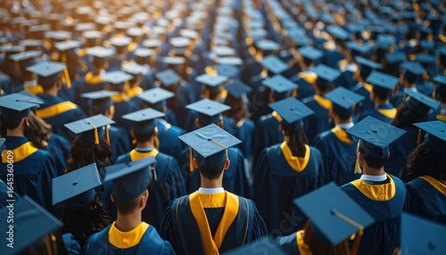 A crowd of graduates at a university graduation ceremony. This class of students celebrates their academic achievement, success, and their new degree, ready for the future.