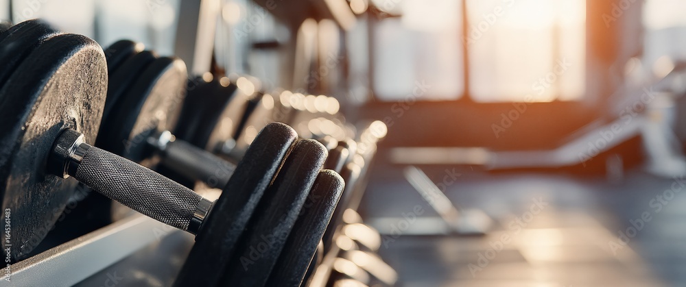 Fototapeta premium Row of black metal dumbbells arranged on rack in brightly lit gym, ready for strength training workout