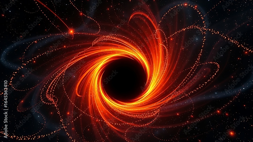 Obraz premium A black hole distorting space-time with quantum particles dancing harmoniously around it.