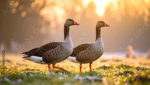 Two elegant greylag geese walking in a field, bathed in the golden morning light