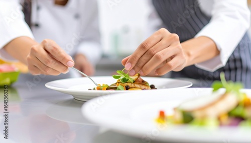 A professional chef in a restaurant kitchen is cooking and plating a gourmet food dish. This is the final stage of preparing the cuisine, requiring precision teamwork.