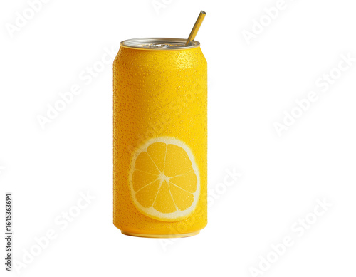 glass of orange juice with lemon  on a Transparent PNG White background, A yellow aluminum drink can with an orange slice decoration showing citrus beverage