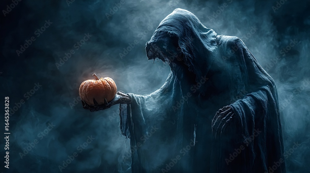 Obraz premium Cloaked figure of death, holding a glowing pumpkin, creates an eerie halloween scene within a dark, smoky atmosphere, evoking feelings of fear and mystery during the autumn season