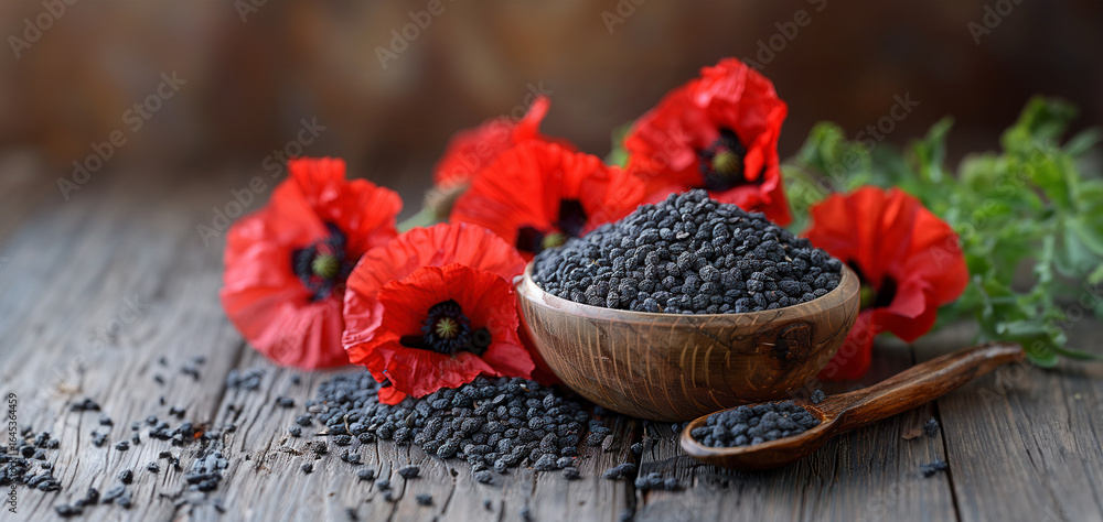 Close-up of wooden bowl filled with dark poppy seeds surrounded by scattered red poppy petals on textured green-blue wooden surface in artistic layout. Close-up of wooden bowl filled with dark poppy seeds surrounded by scattered red poppy petals on textured green-blue wooden surface in artistic layout.