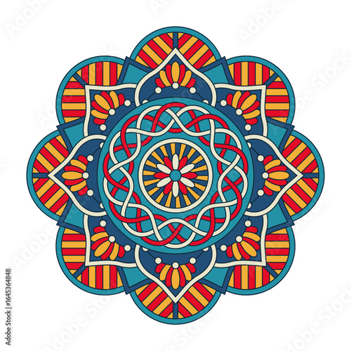 Vector colorful circular mandala isolated on white background. Tribal ornament in yellow and blue colors. Oriental pattern, vintage decorative element for book, card, textile, fashion print