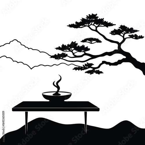 bonsai tree on platform above water