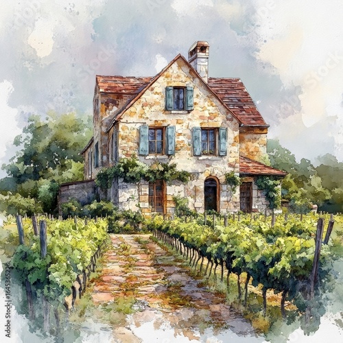 Traditional stone house with a stunning vineyard, depicted in a watercolor or aquarelle painting illustration. 3D rendering, Generative AI