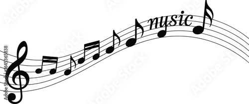 Elegant musical staff with a treble clef flowing notes and the word music representing melody and harmony in a classic artistic composition