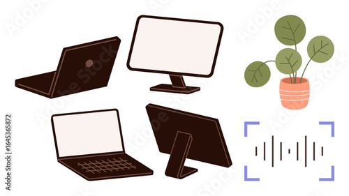 Laptops, monitors, a potted plant, and sound wave visualization emphasize technology, productivity, and eco balance. Ideal for workplace design, tech use, remote work modern communication focus