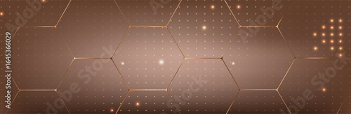 abstract brown background with gold hexagons and golden dots. luxury banner. vector illustration. mocha mousse