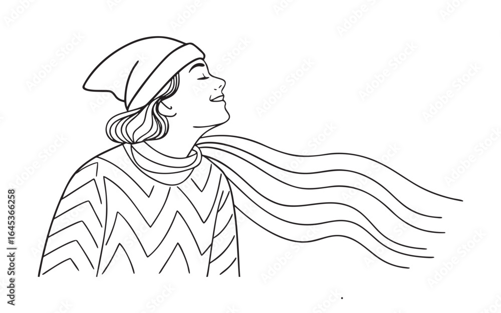 Fototapeta premium Line art illustration of a person wearing a beanie and scarf, with the scarf blowing dramatically in the wind.