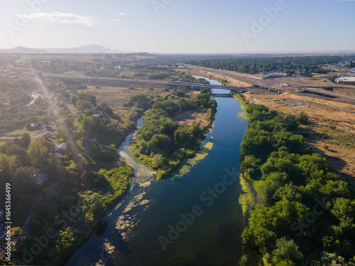 Aerial landscape of Yakima River Valley nature during summer in Kennewick Richland Washington