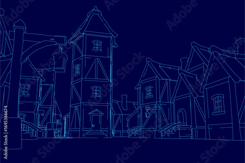 A row of medieval houses with a prominent clock tower stands in blue contour line drawing against a dark background. The intricate architectural details evoke a historic village atmosphere.
