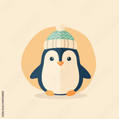 An adorable cartoon penguin wearing a green and white knitted winter hat, illustrated in a charming flat design style with a circular background.
