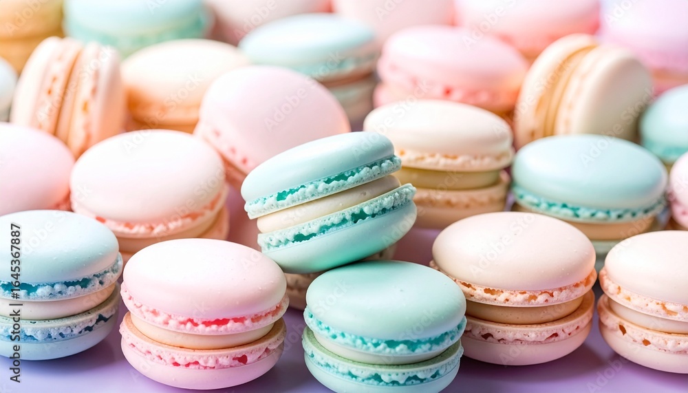 Obraz premium A vibrant assortment of delicious French macaron cookies in beautiful pastel colors, perfect for a sweet treat background.